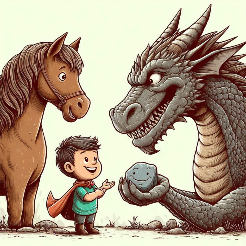 Child with his pet Toy Horse on an adventure with a Dragon